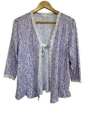 Eileen West Lavender Print Cotton & Modal Bed Jacket Lace Trim Medium
